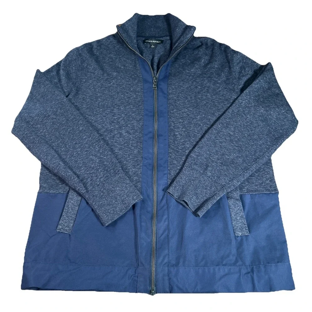 Banana Republic Mixed Media Sweater Jacket Men's L Blue Full‎ Zip Mock Neck
